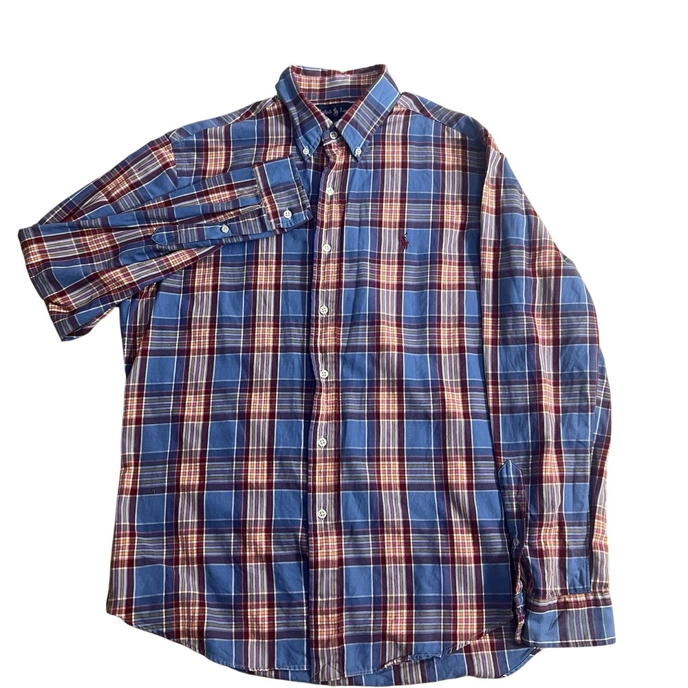 Polo Ralph Lauren Flannel Shirt Mens L Blue Plaid Custom Fit Performance Pony - Picture 1 of 8
